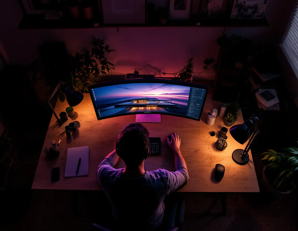 A visualization artist working at a glowing monitor in the studio.